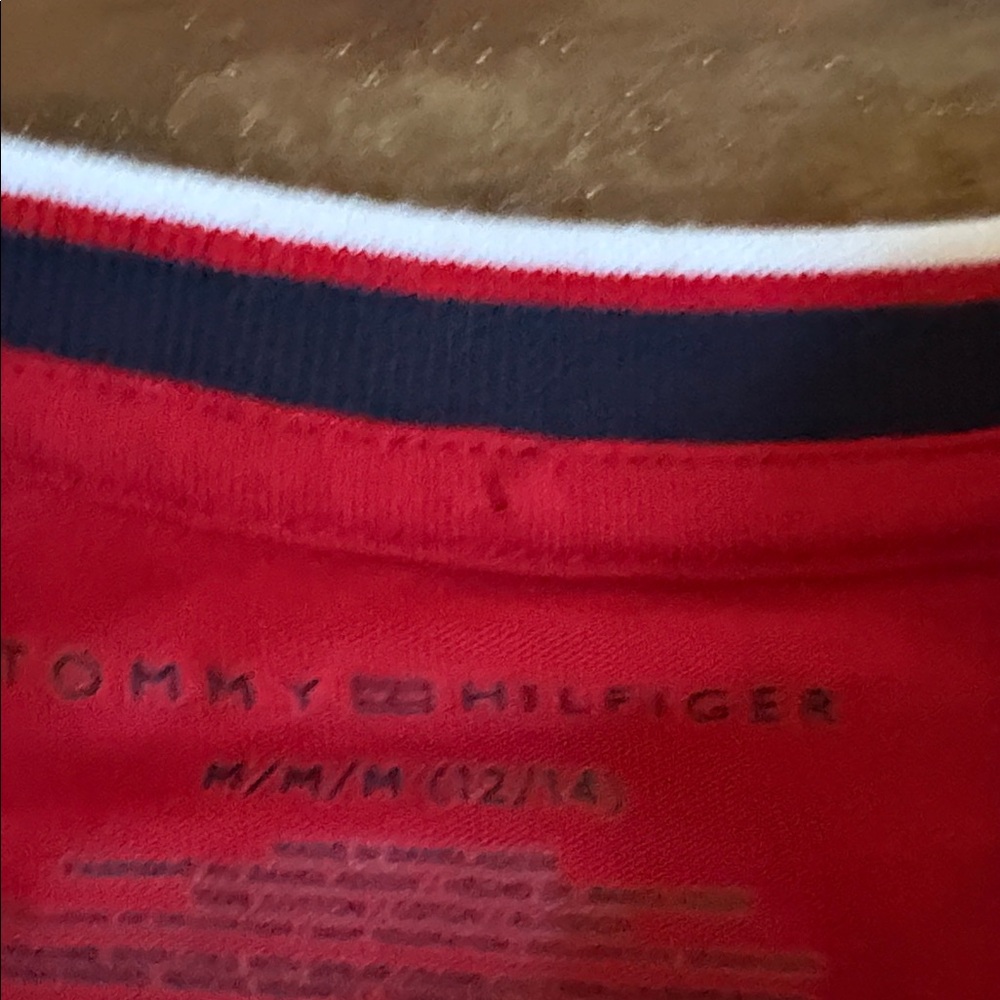 Tommy Hilfiger Kids Bright Red Short Sleeve Crew Tee with Striped Neck - Picture 3 of 3
